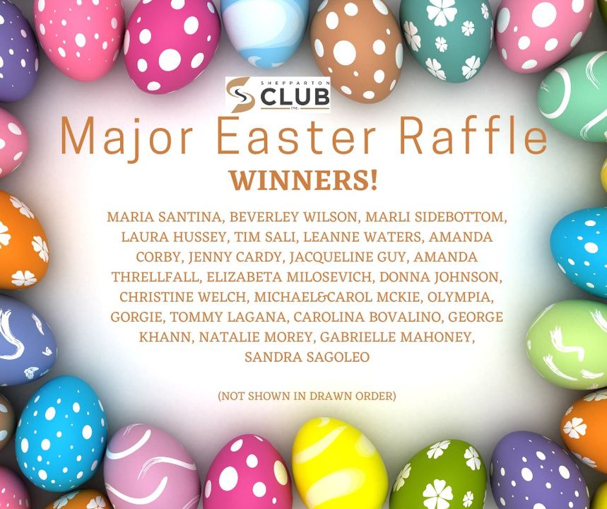 Featured image for “Congratulations to all our winners from the Major Easter Raffle draw yesterday at 4 pm Tuesday 26th March. Well done and Happy Easter.”