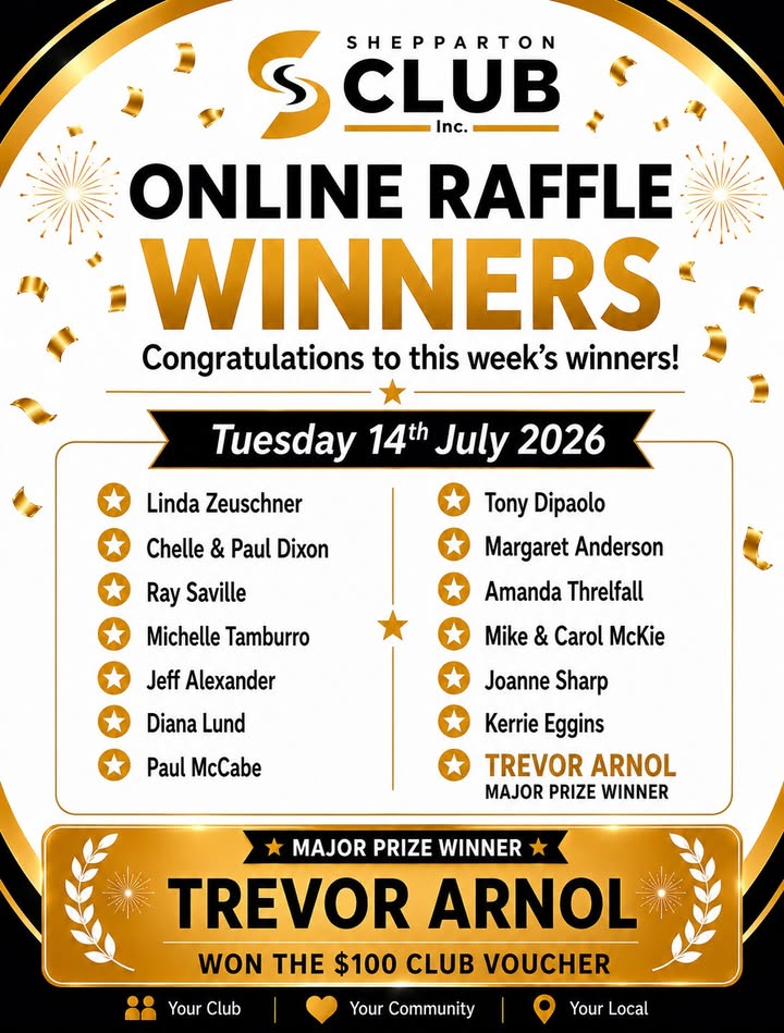 Featured image for “Online Raffle Winners Announced at Shepparton Club”