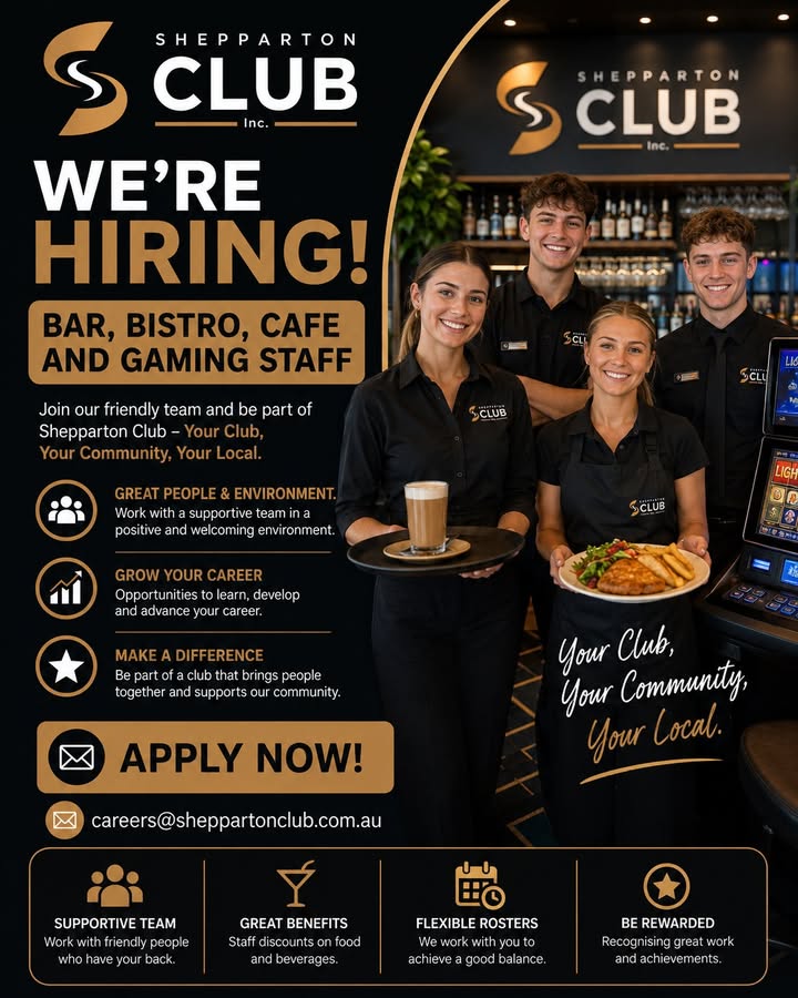 Featured image for “We’re Hiring Bar, Bistro, Cafe and Gaming Staff at Shepparton Club”