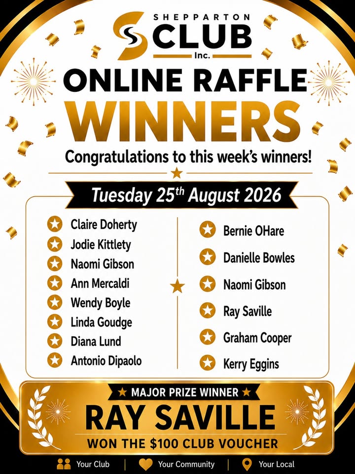 Featured image for “Online Raffle Winners Announced at Shepparton Club”