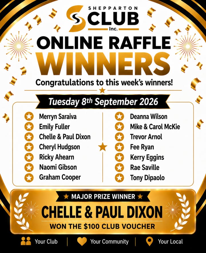 Featured image for “Online Raffle Winners Announced at Shepparton Club”