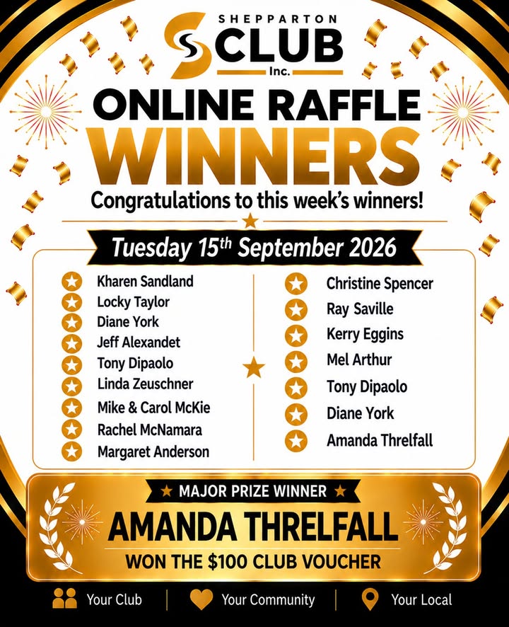 Featured image for “Online Raffle Winners Announced at Shepparton Club”