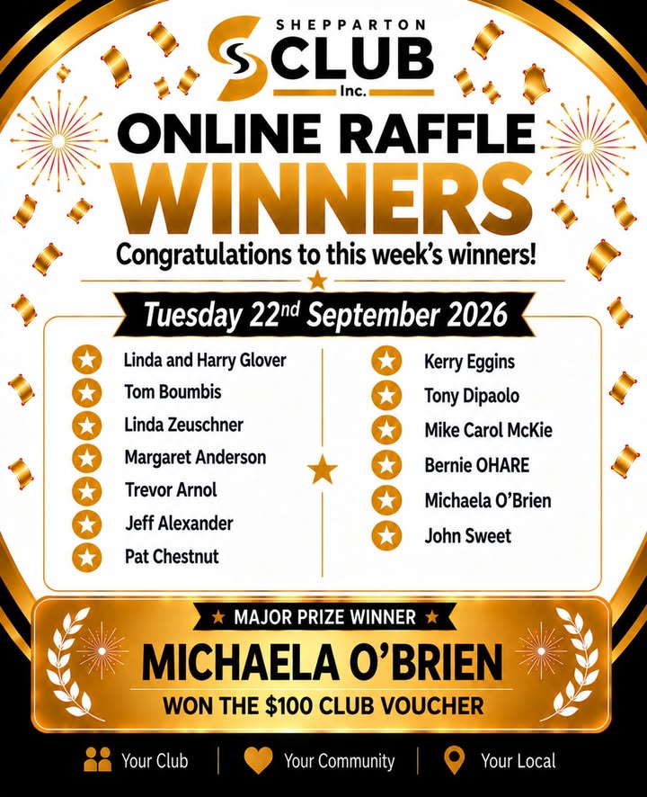 Featured image for “Online Raffle Winners Announced at Shepparton Club”