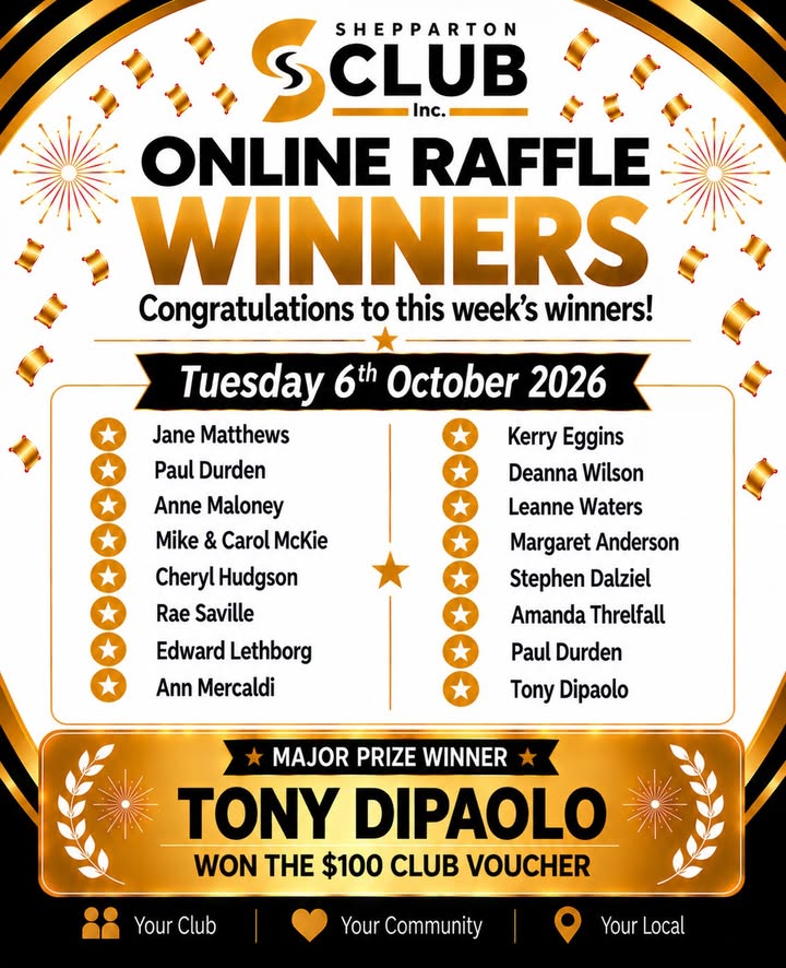 Featured image for “Online Raffle Winners Announced at Shepparton Club”