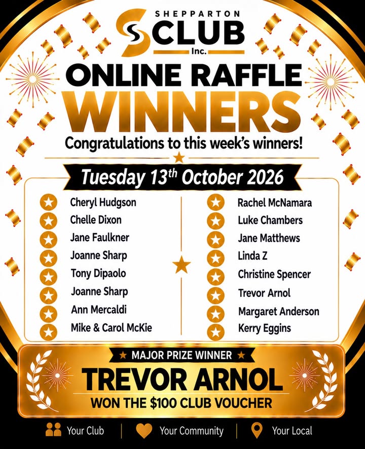 Featured image for “Online Raffle Winners Announced at Shepparton Club”