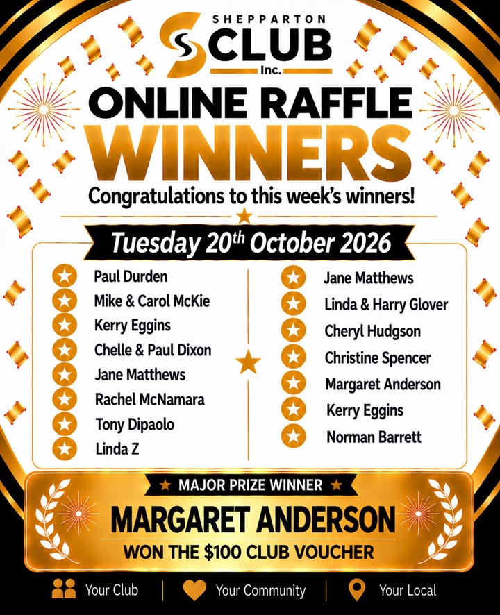 Featured image for “Online Raffle Winners Announced at Shepparton Club”