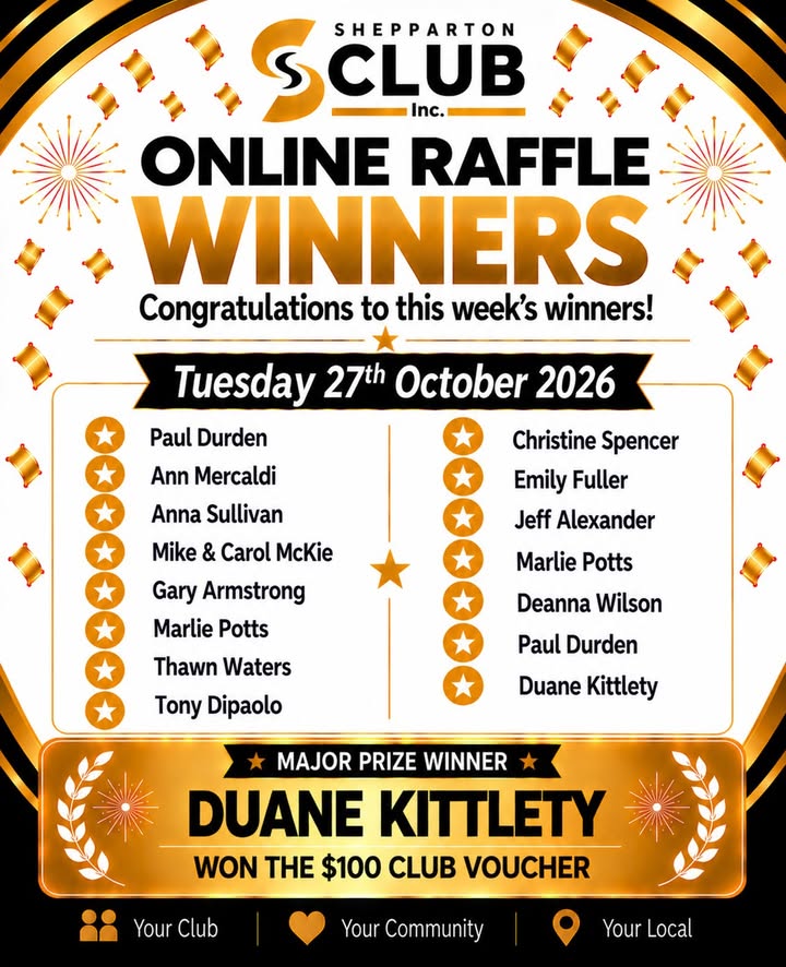 Featured image for “Online Raffle Winners Announced at Shepparton Club”